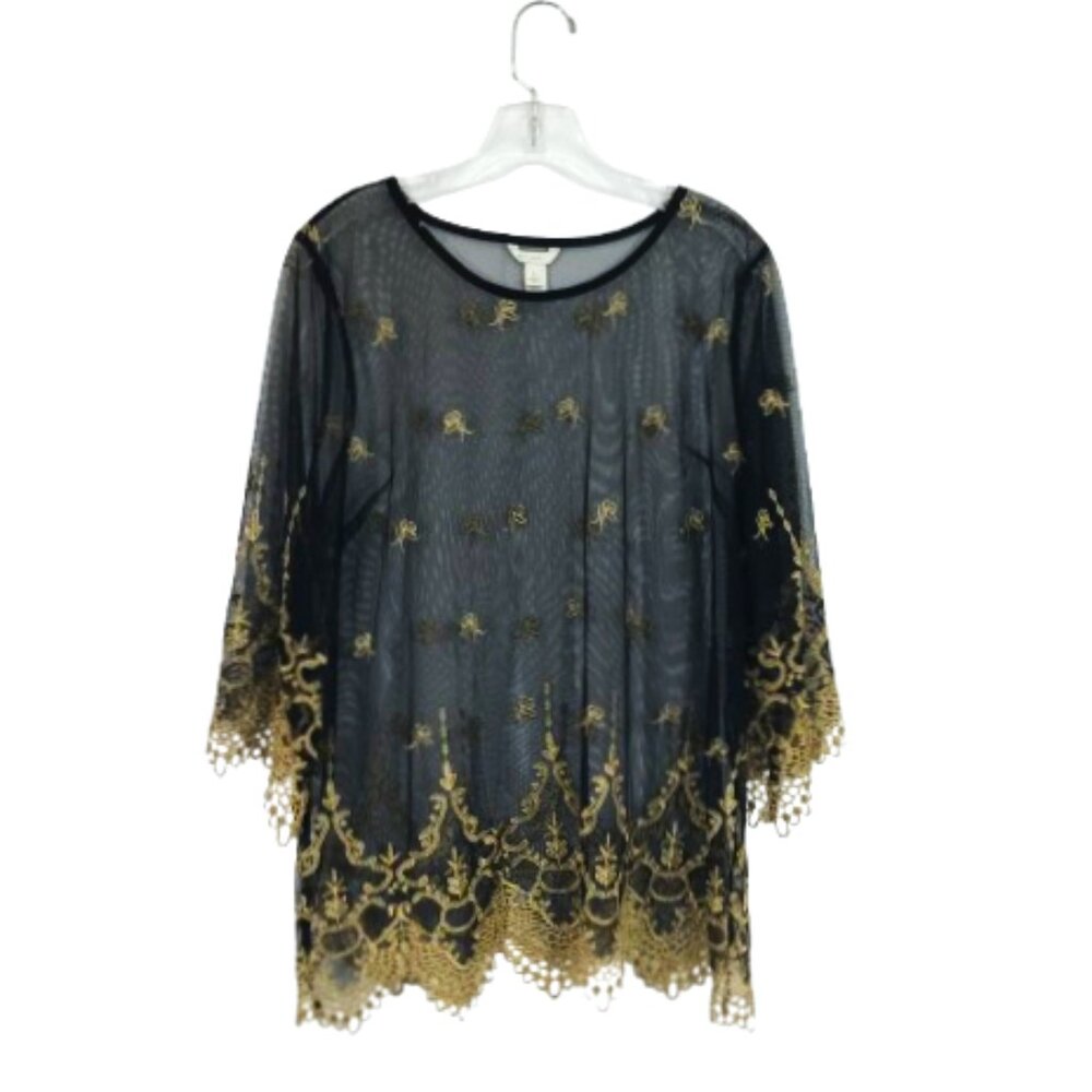 Sheer Blouse Bell Sleeve Embroidered Sparkly Black Gold Top L, EST.1946